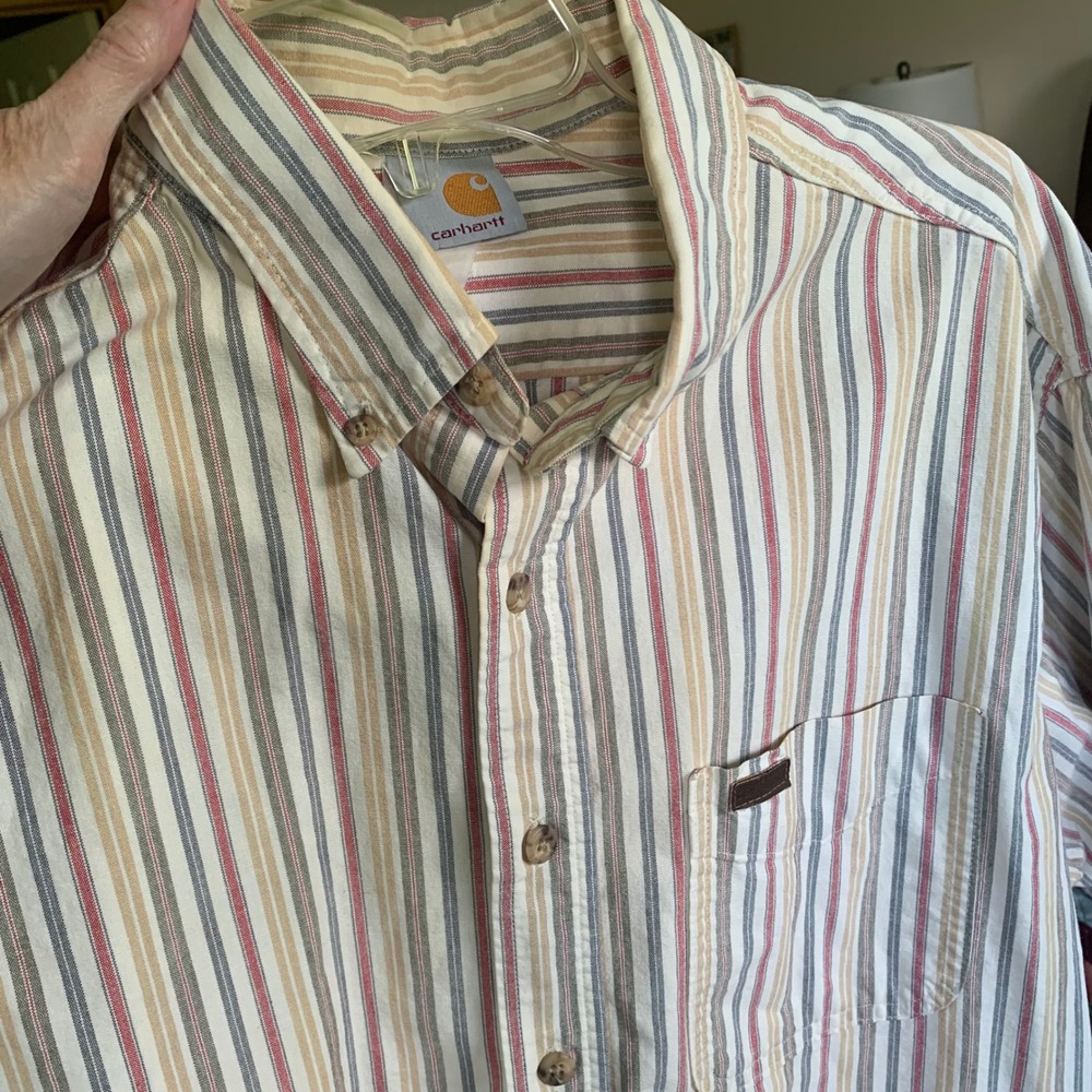 Carhartt Striped Button Down Shirt Mens XL Red White Tan‎ Blue Short Sleeve